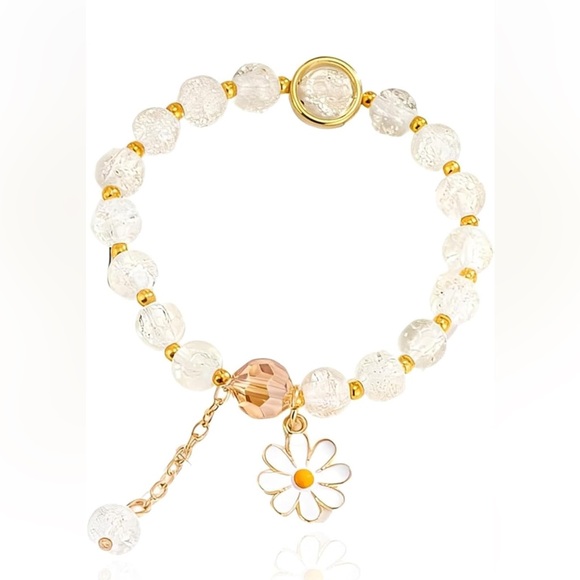 Gold Daisy Charm Beaded Bracelet - Clear and Peach - Picture 4 of 5